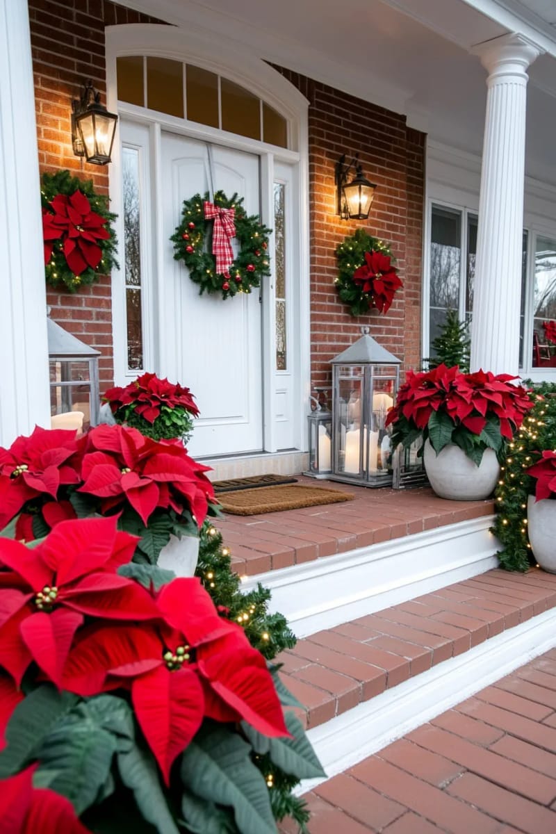 29 Festive Christmas Door Decor Ideas for a Magical Entry 57 poinsettia-filled planters with matching garland and red ribbons 1
