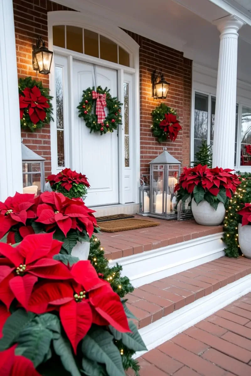 poinsettia-filled planters with matching garland and red ribbons 1