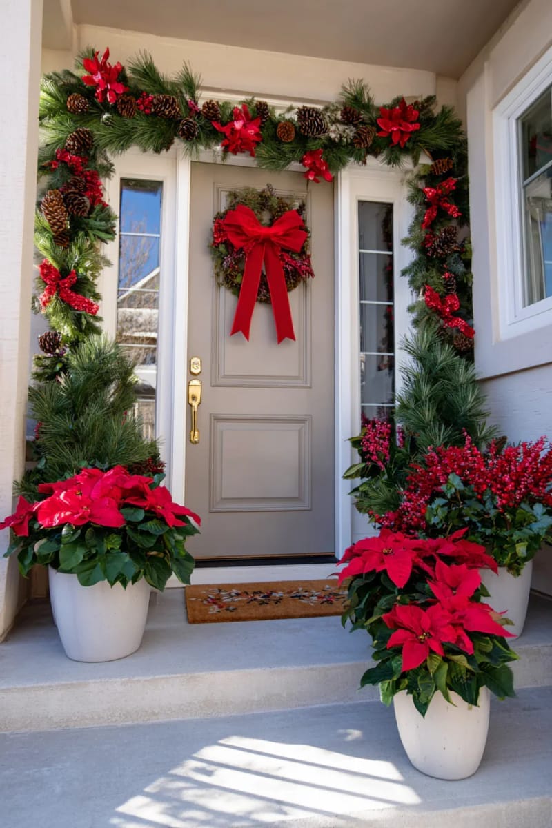 29 Festive Christmas Door Decor Ideas for a Magical Entry 58 poinsettia-filled planters with matching garland and red ribbons 1