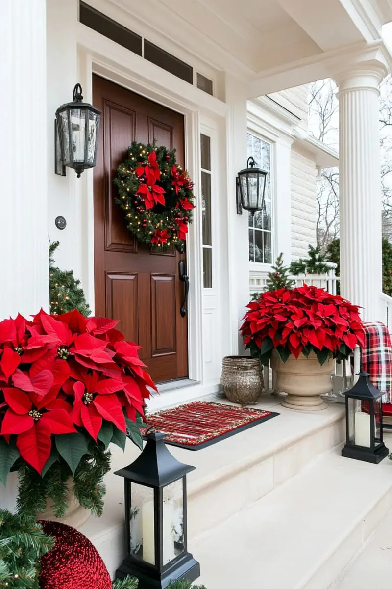poinsettia wreath with matching potted poinsettias on each side 1