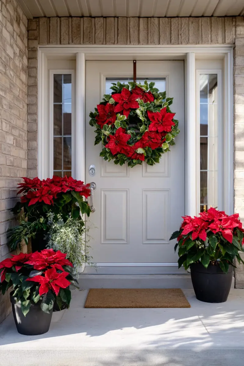 poinsettia wreath with matching potted poinsettias on each side 1