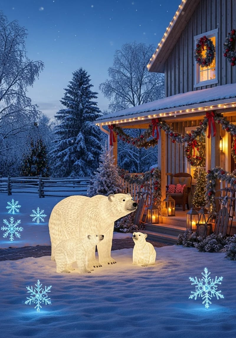 polar bear family with glowing led fur and icy blue snowflakes 1