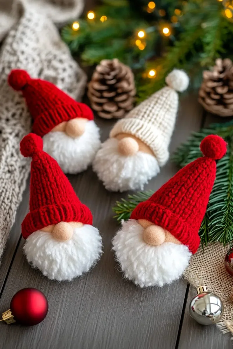 pom pom gnome ornaments with fluffy beards and red hats 1