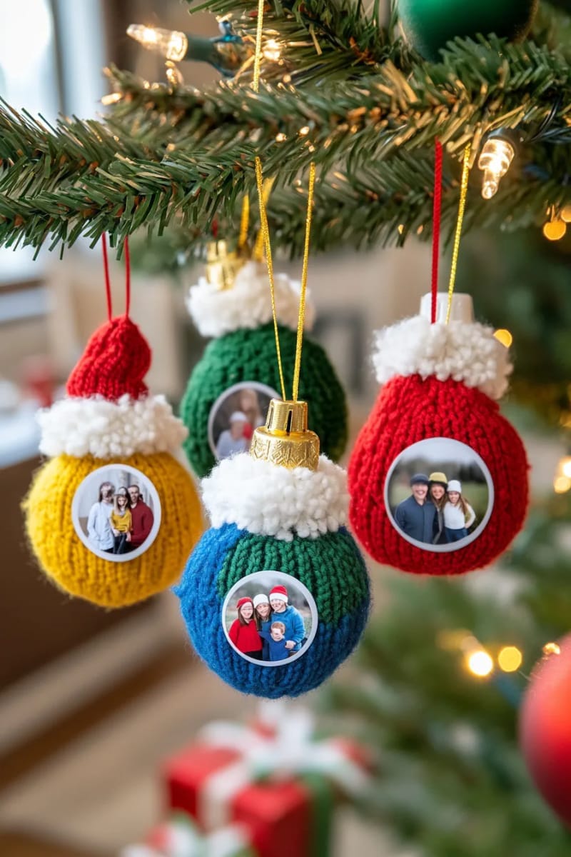 pom-pom photo ball ornaments with festive backgrounds and holiday hats 1