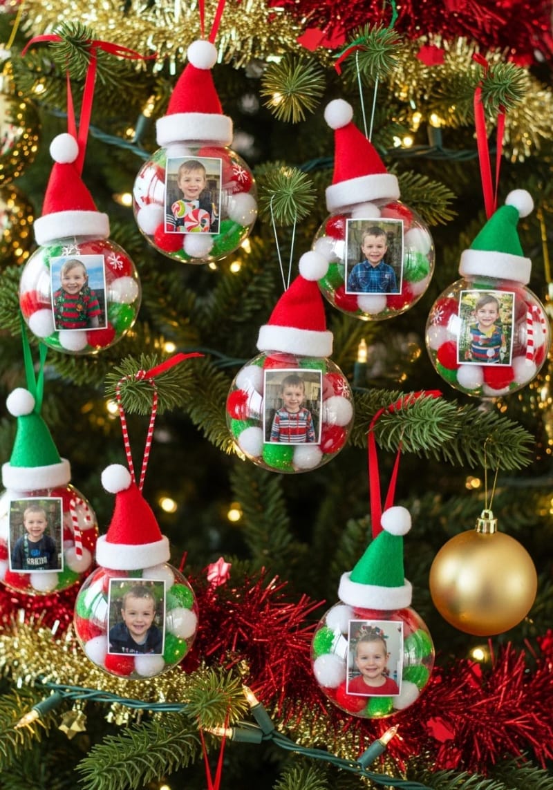 pom-pom photo ball ornaments with festive backgrounds and holiday hats 1