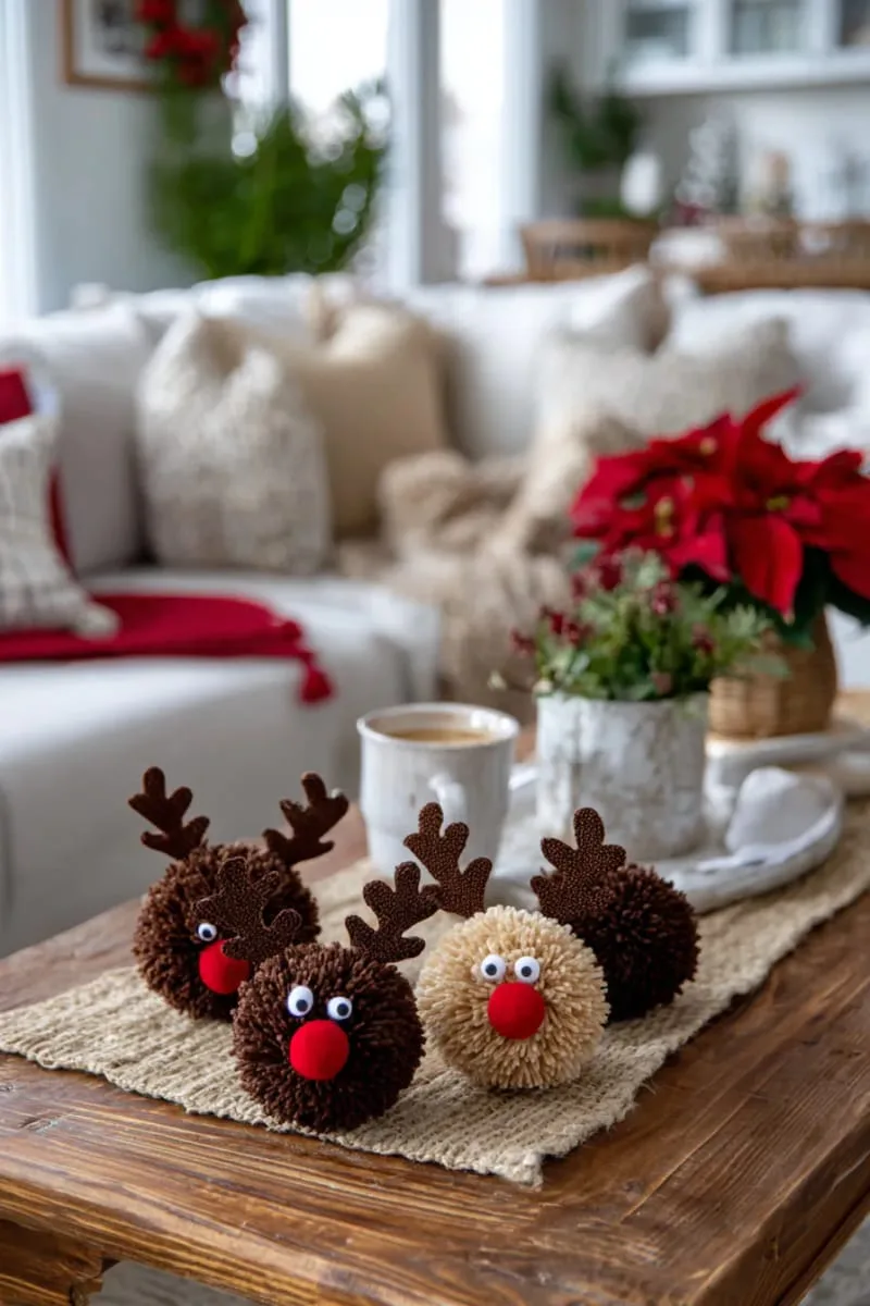 pom-pom reindeer faces using brown yarn and red felt noses 1