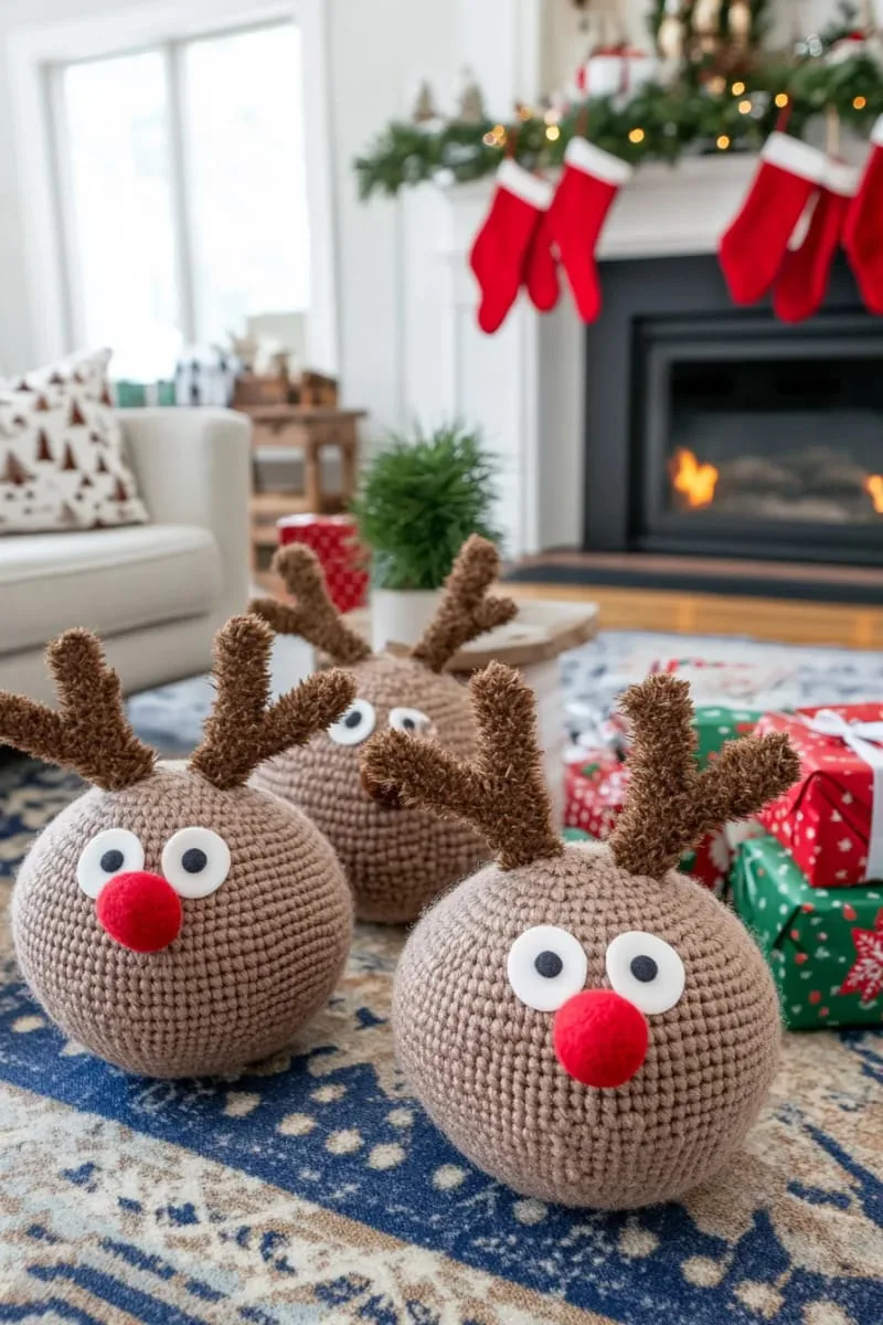 pom-pom reindeer faces using brown yarn and red felt noses 1