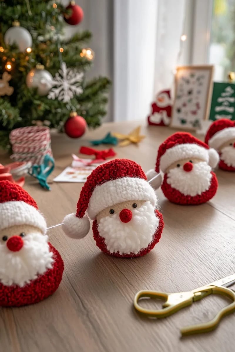 27 Unique Christmas Craft Decorations for Inspired Homes 116 pom-pom santa garlands to string across a kid’s christmas craft corner 1