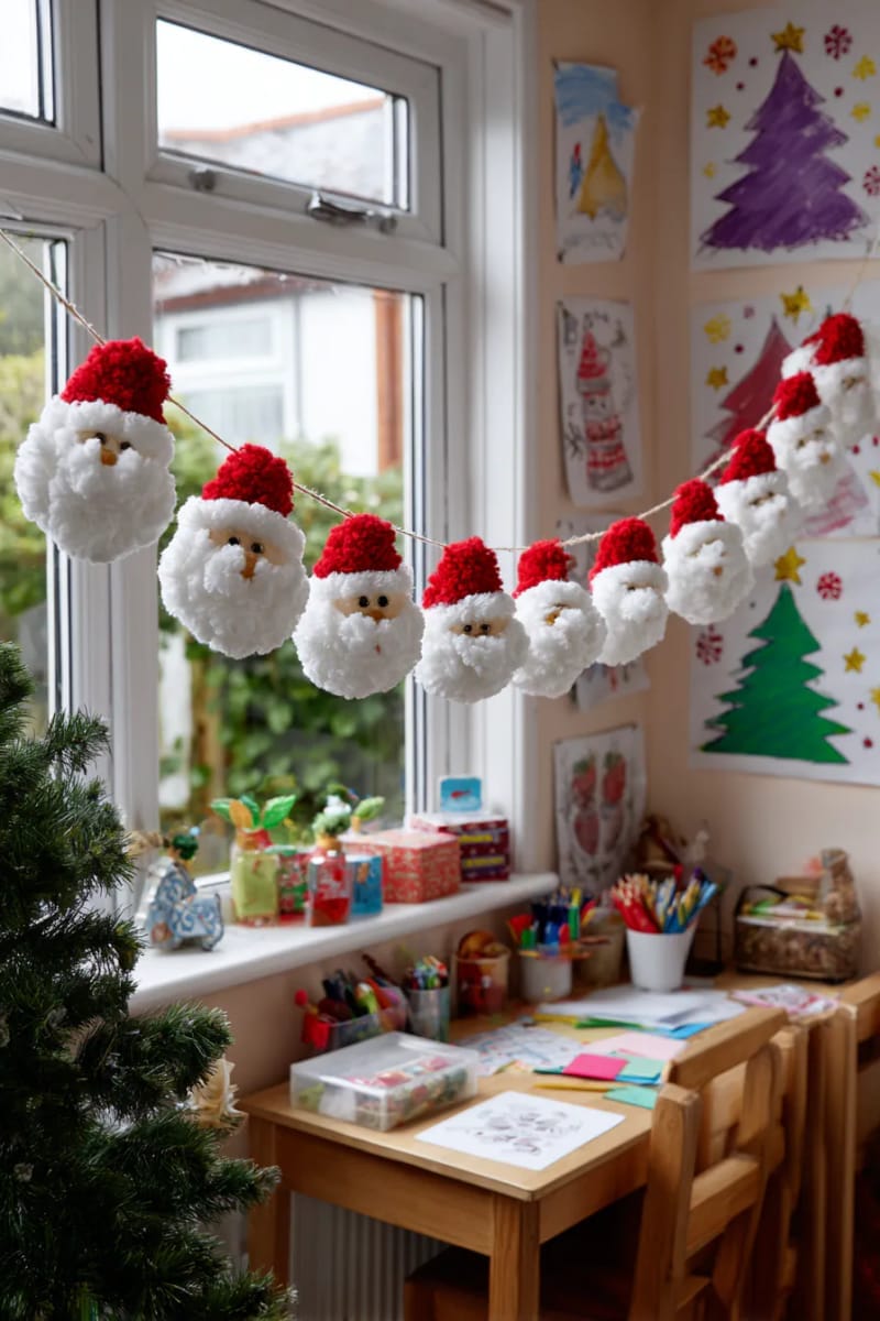 27 Unique Christmas Craft Decorations for Inspired Homes 117 pom-pom santa garlands to string across a kid’s christmas craft corner 1