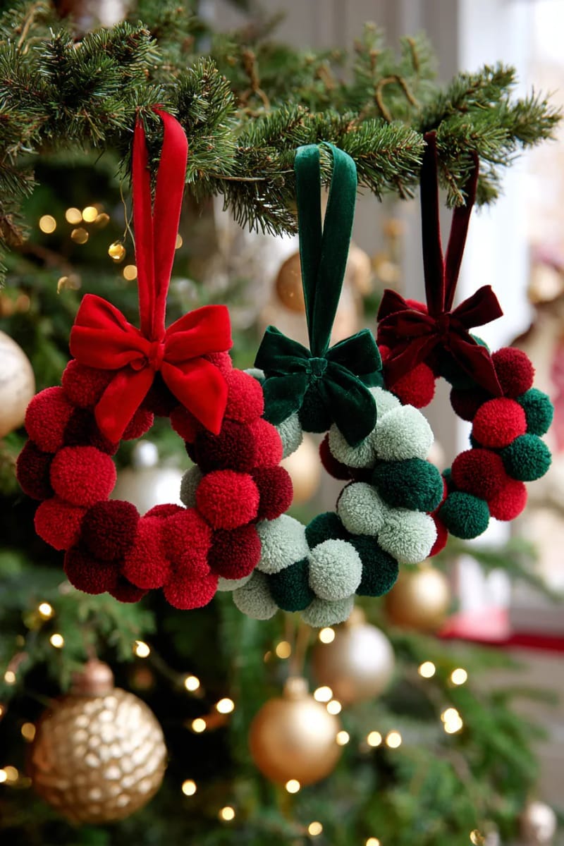 pom-pom wreath ornaments with festive red and green poms and ribbon bows 1