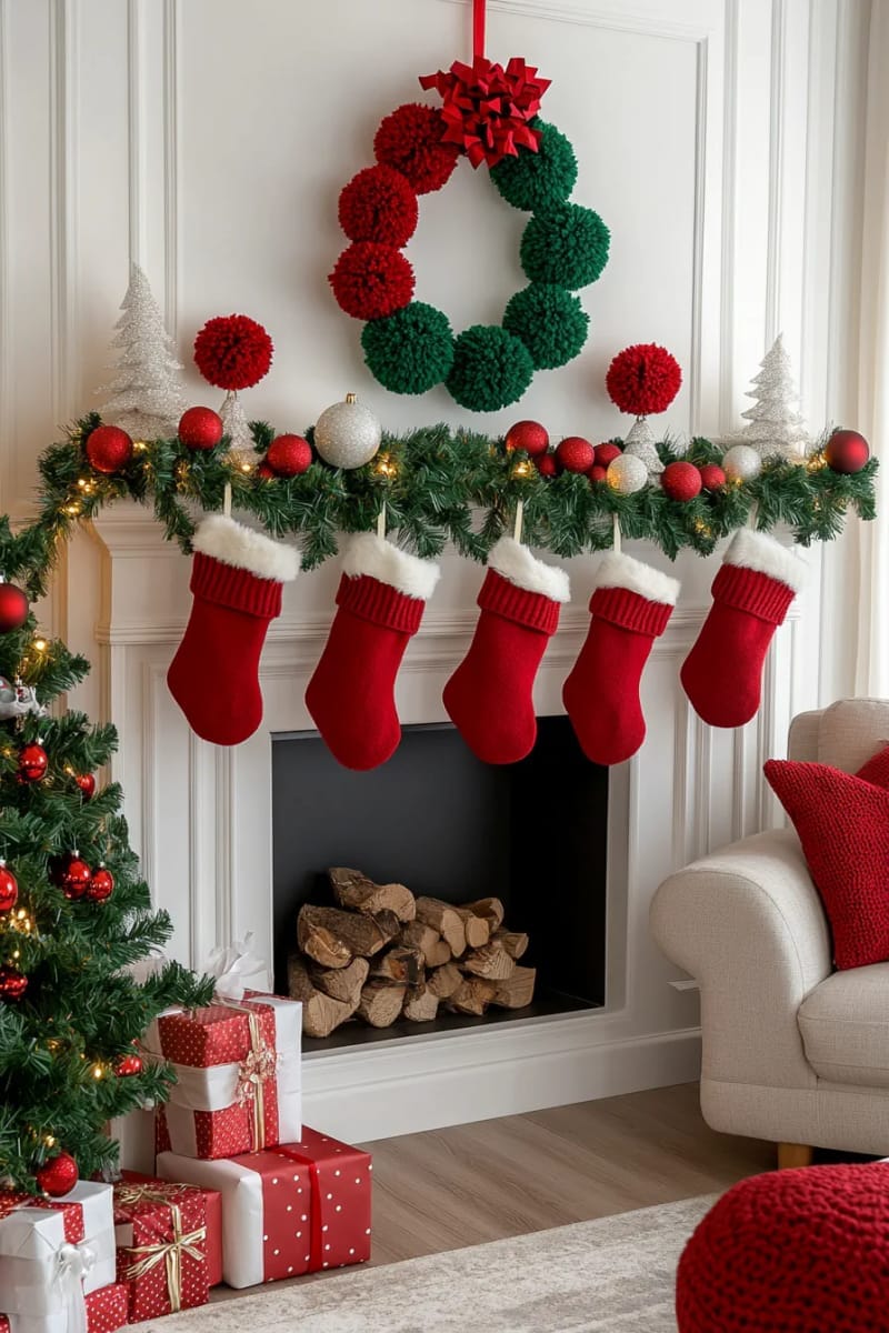 pom-pom wreath ornaments with festive red and green poms and ribbon bows 1