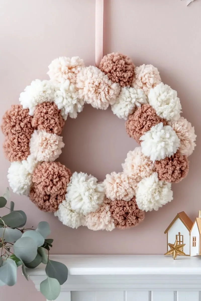 pom pom wreath with tiny golden houses for a whimsical touch 1