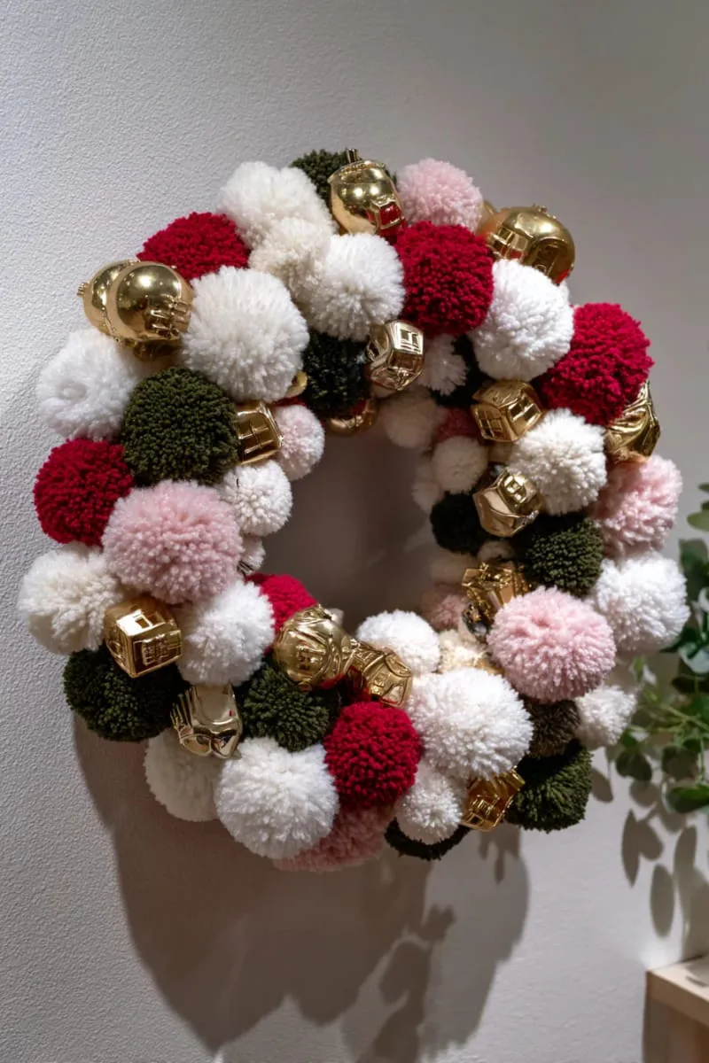 pom pom wreath with tiny golden houses for a whimsical touch 1