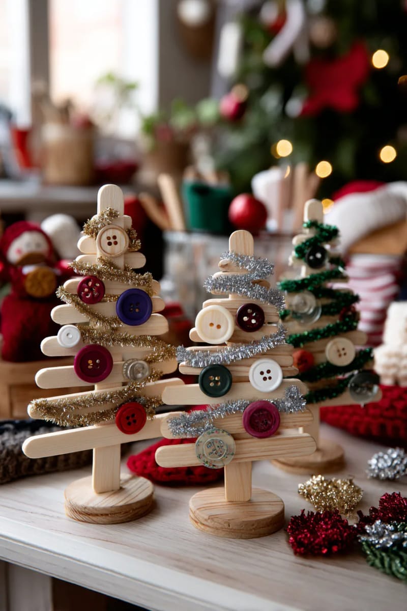popsicle stick christmas trees with colorful buttons and sparkly pipe cleaner garland 1
