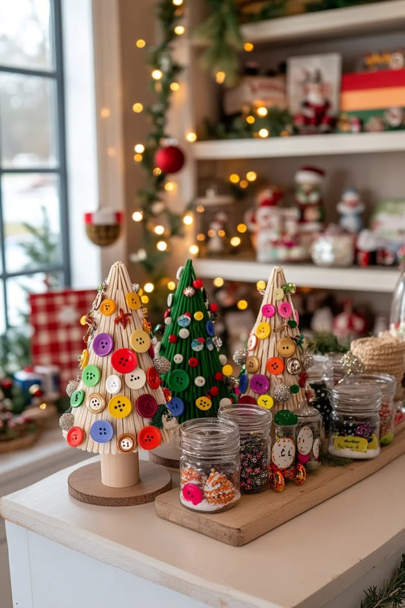 popsicle stick christmas trees with colorful buttons and sparkly pipe cleaner garland 1