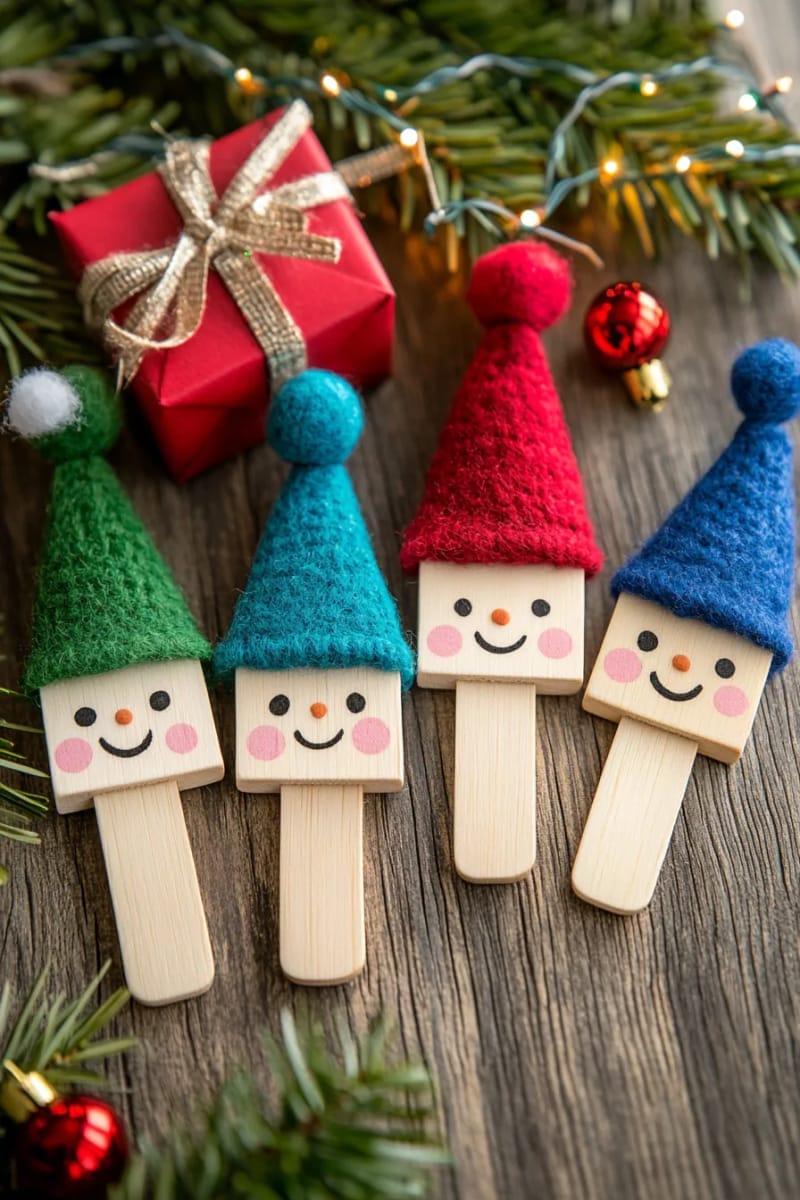 popsicle stick elf ornaments with felt hats and cheerful painted smiles 1