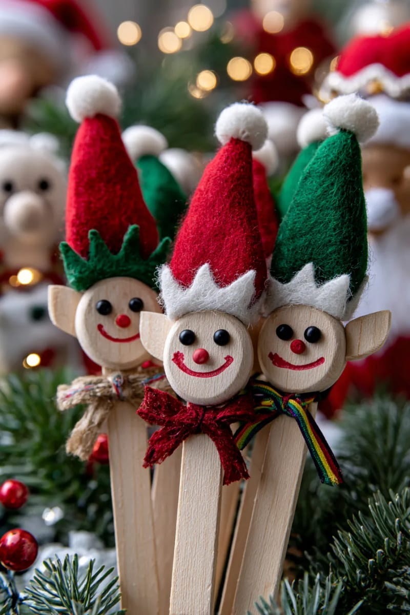 popsicle stick elf ornaments with felt hats and cheerful painted smiles 1