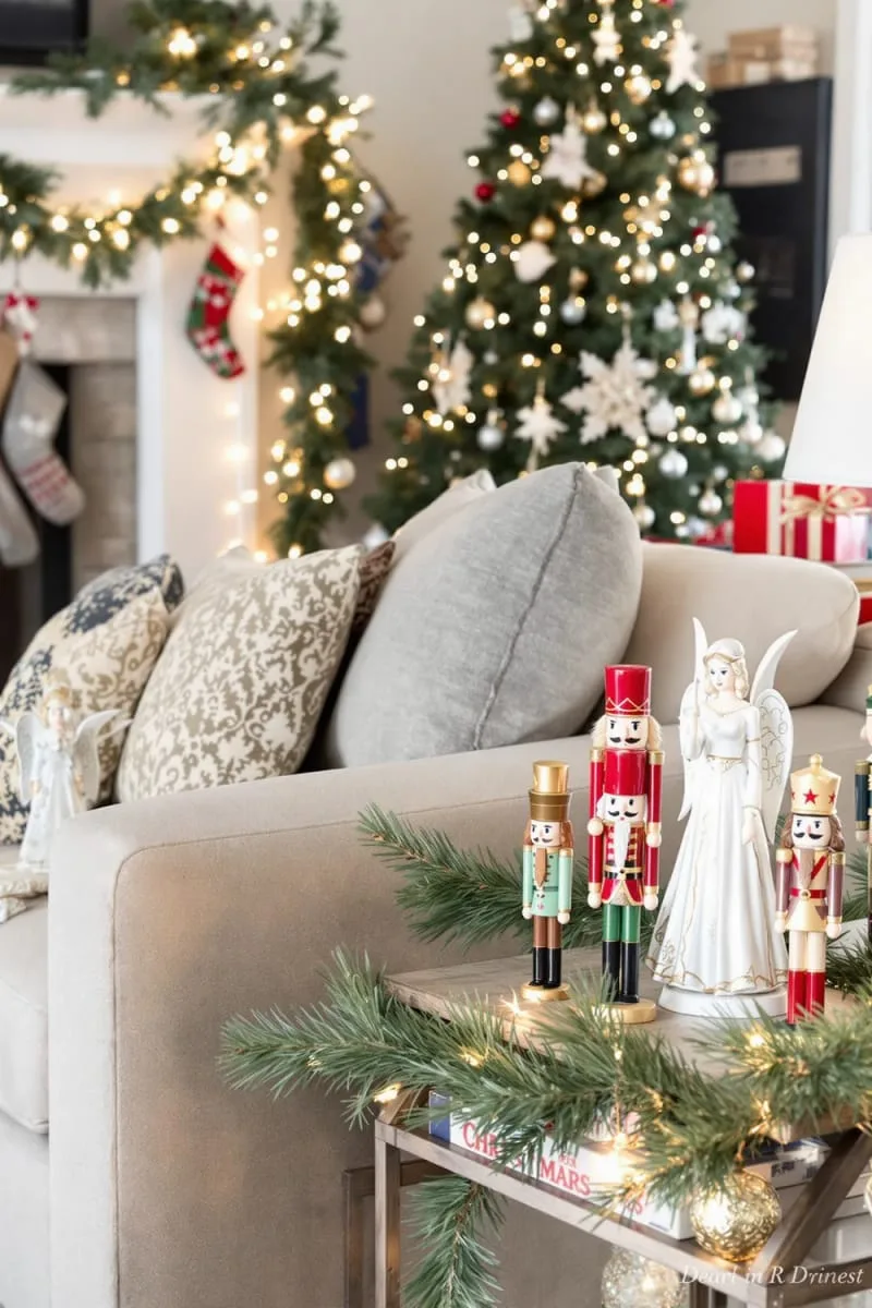 25 Traditional Christmas Decor Ideas with a Nostalgic Vintage Touch 47 porcelain angels and classic nutcrackers adorning side tables 1