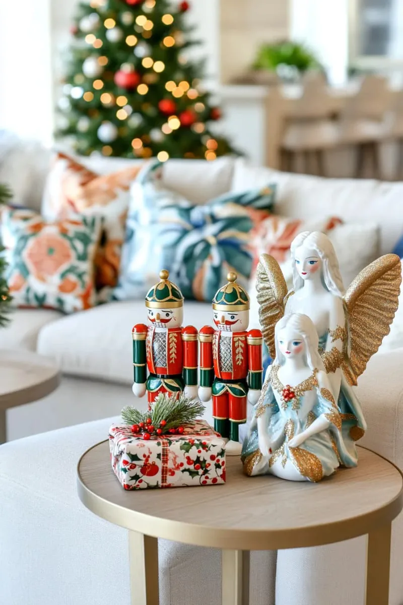 25 Traditional Christmas Decor Ideas with a Nostalgic Vintage Touch 48 porcelain angels and classic nutcrackers adorning side tables 1
