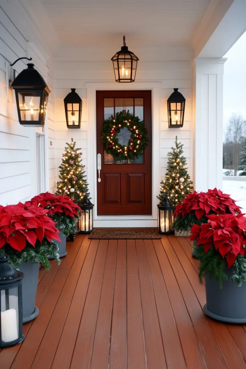 27 Beautiful Christmas Front Door Decor Ideas to Inspire 14 potted poinsettias and mini evergreen trees lining the porch 1