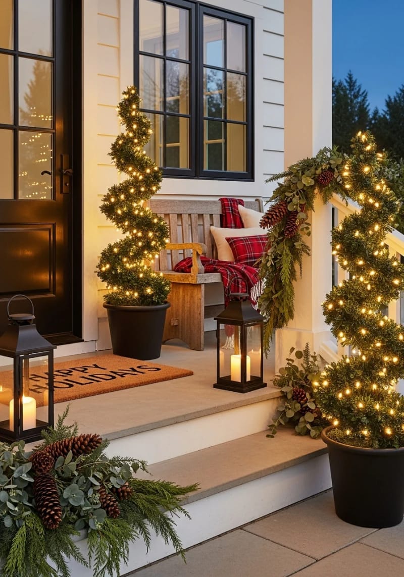 potted spiral topiaries wrapped in string lights flanking the front steps 1