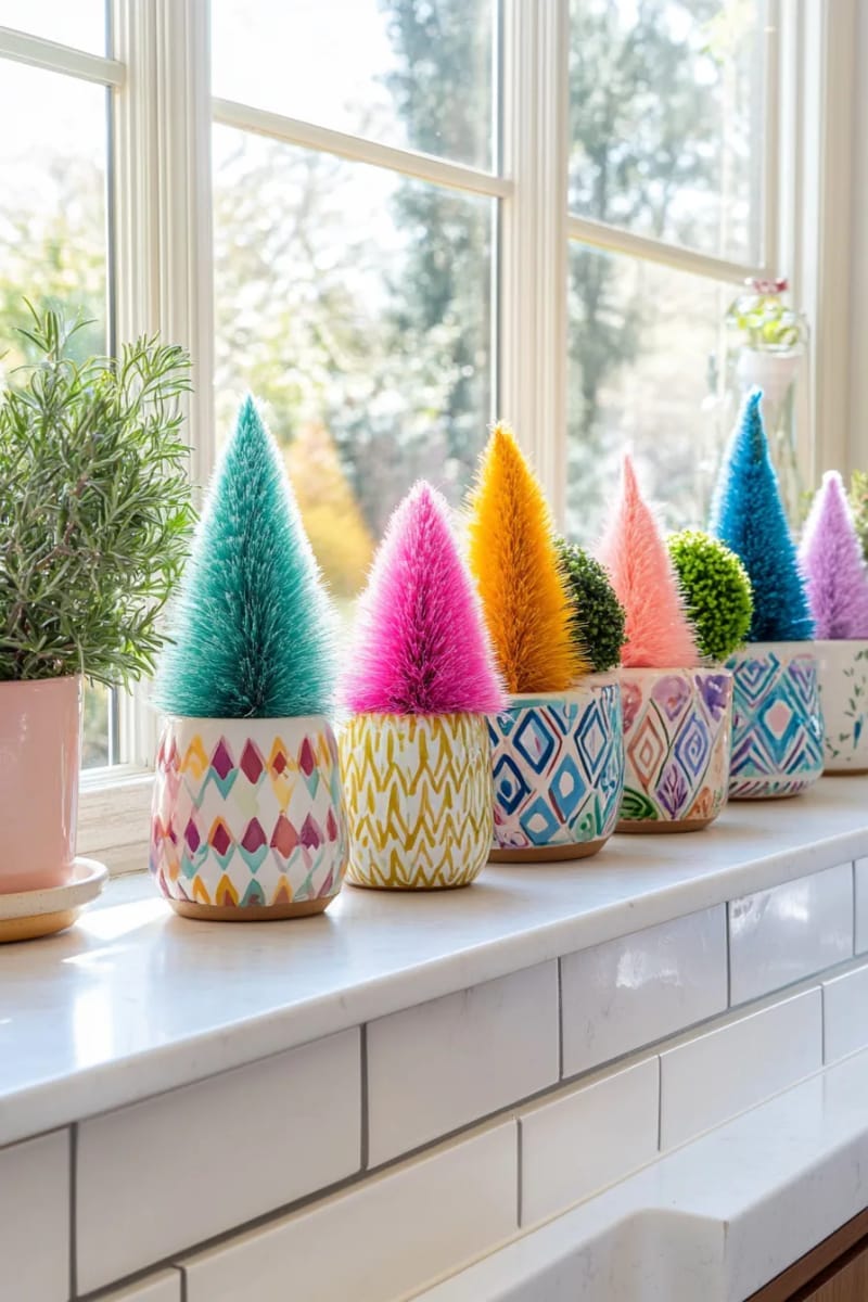 23 Kitsch Christmas Decor Ideas Full of Color, Whimsy, and Cheer 8 rainbow bottle brush trees in retro ceramic planters for a kitchen window 1