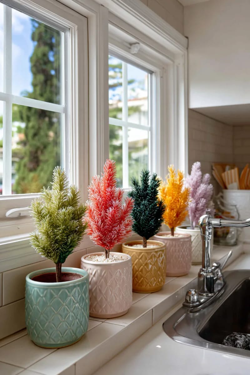 23 Kitsch Christmas Decor Ideas Full of Color, Whimsy, and Cheer 9 rainbow bottle brush trees in retro ceramic planters for a kitchen window 1
