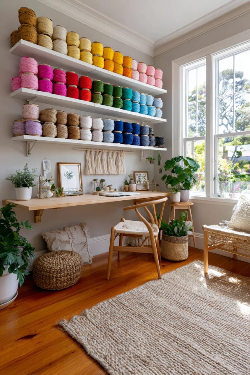 rainbow thread wall art with floating shelves and color-coordinated spools 1