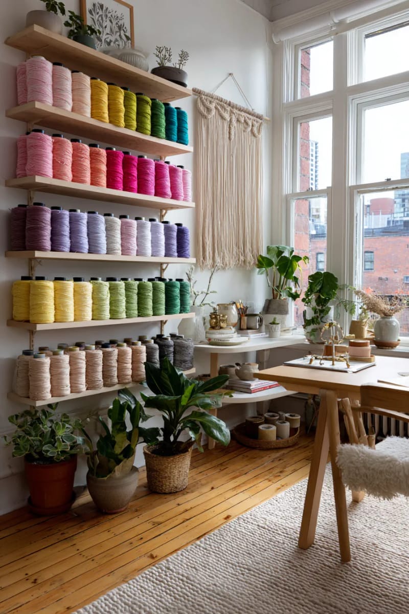 rainbow thread wall art with floating shelves and color-coordinated spools 1