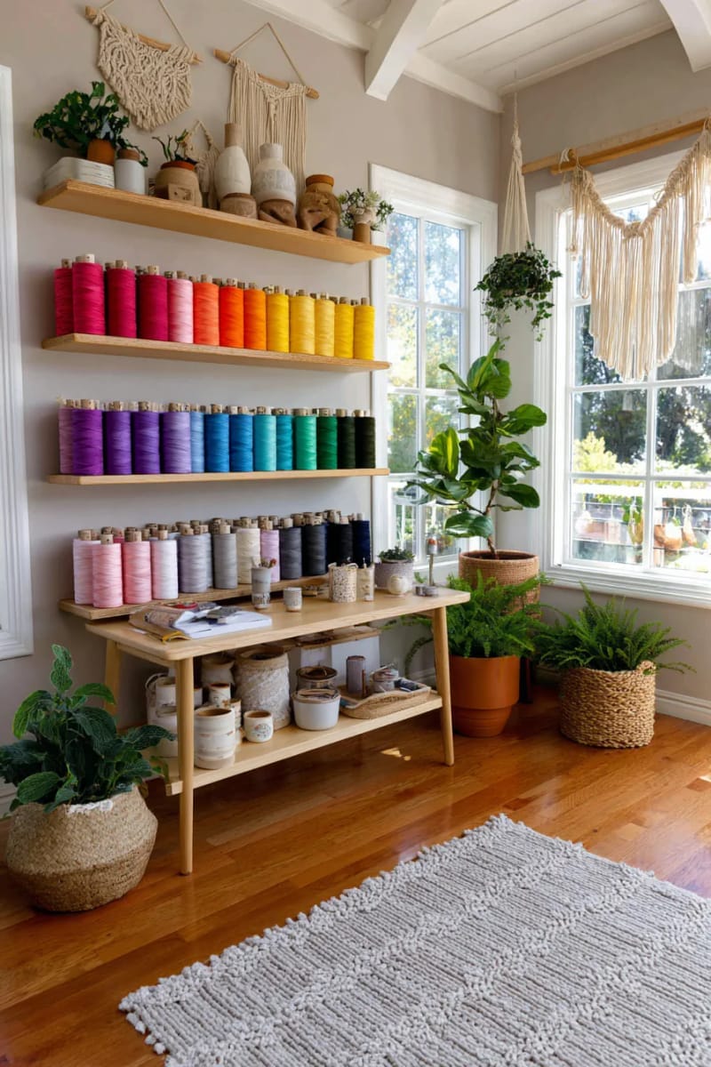 rainbow thread wall art with floating shelves and color-coordinated spools 1