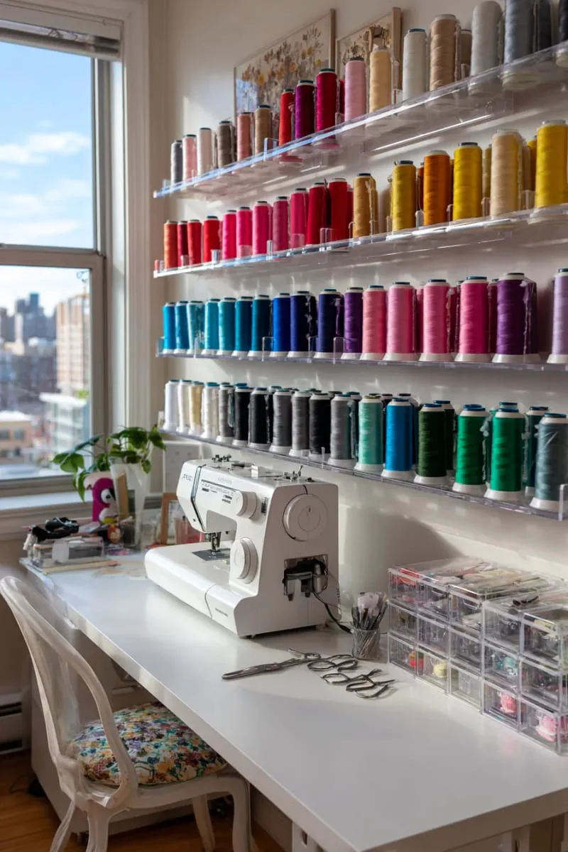 15 Sewing Room Organization Ideas to Declutter and Inspire Creativity 2 rainbow-thread wall display using floating acrylic shelves for instant color-coded inspiration 1