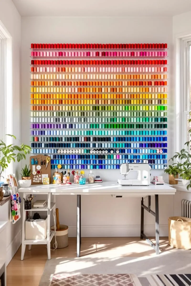15 Sewing Room Organization Ideas to Declutter and Inspire Creativity 3 rainbow-thread wall display using floating acrylic shelves for instant color-coded inspiration 1