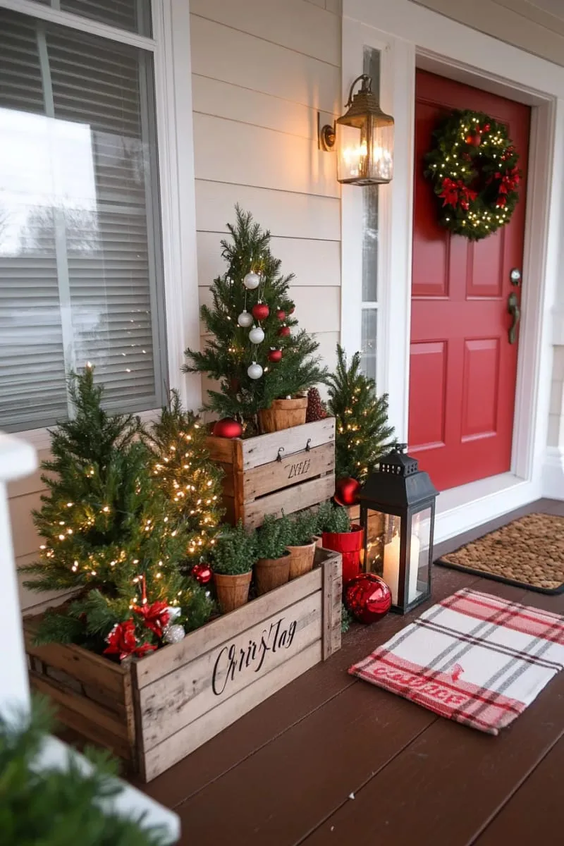 reclaimed crate stacked display with mini potted evergreens and ornaments 1
