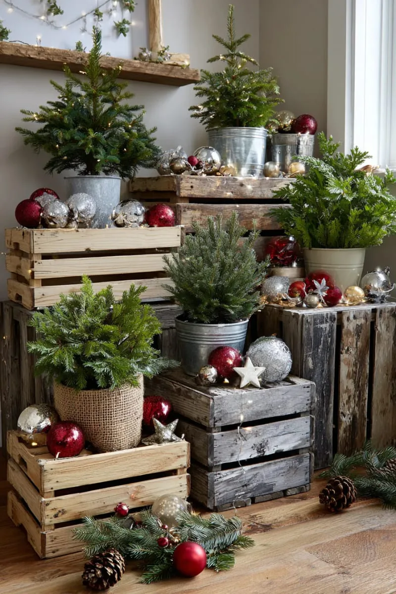 reclaimed crate stacked display with mini potted evergreens and ornaments 1