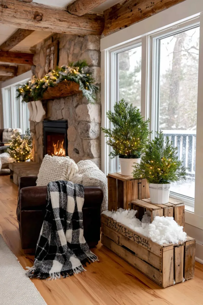 reclaimed crate stacked display with mini potted evergreens and ornaments 1