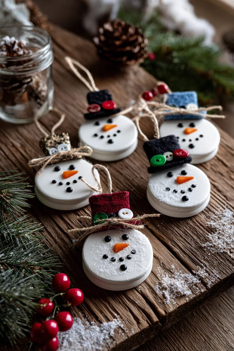 recycled jar lid ornaments painted as snowmen with button embellishments 1