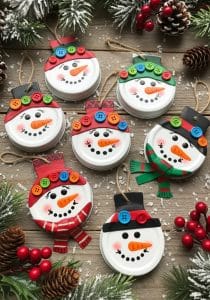 recycled jar lid ornaments painted as snowmen with button embellishments 41