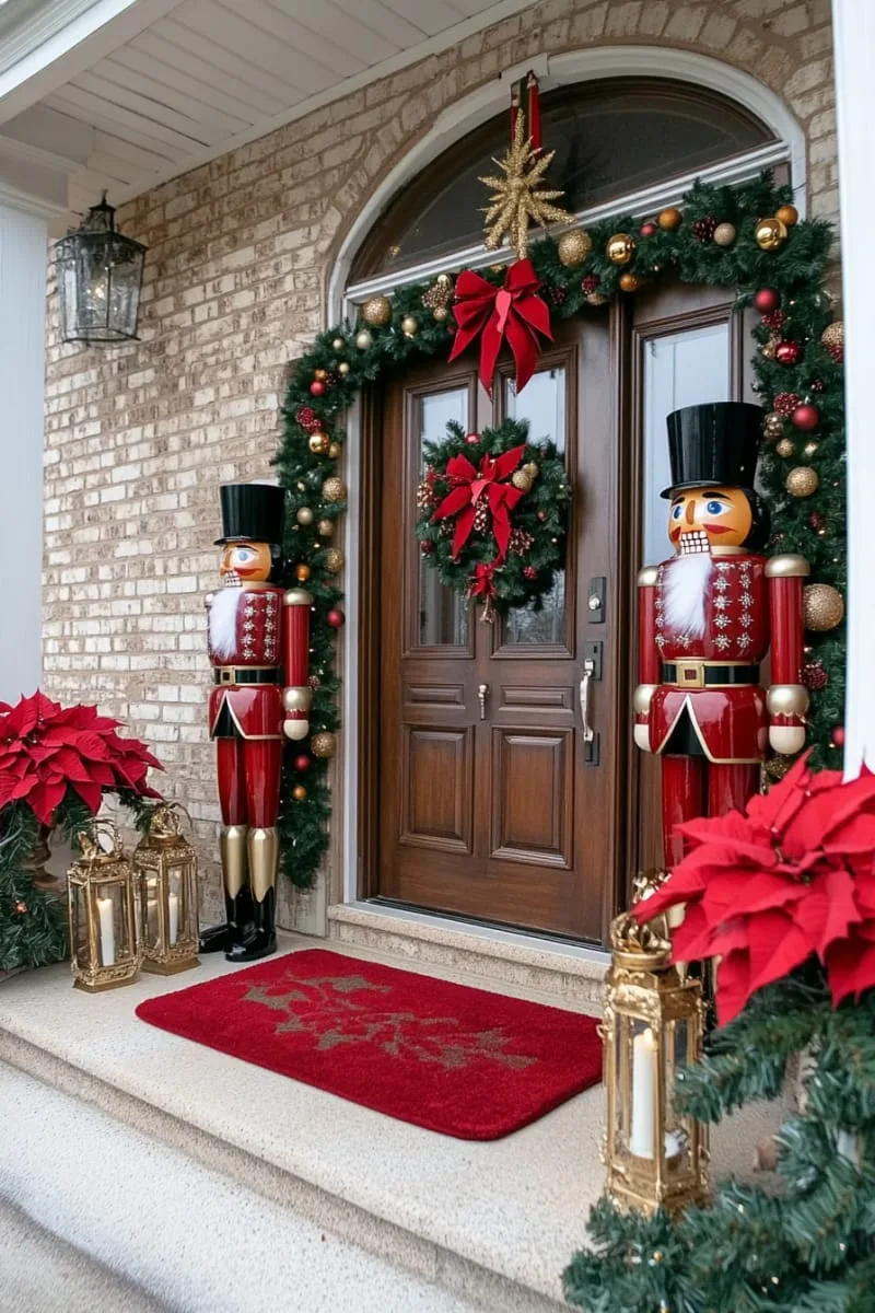 red and gold nutcracker soldiers flanking the front door for a whimsical entrance 1