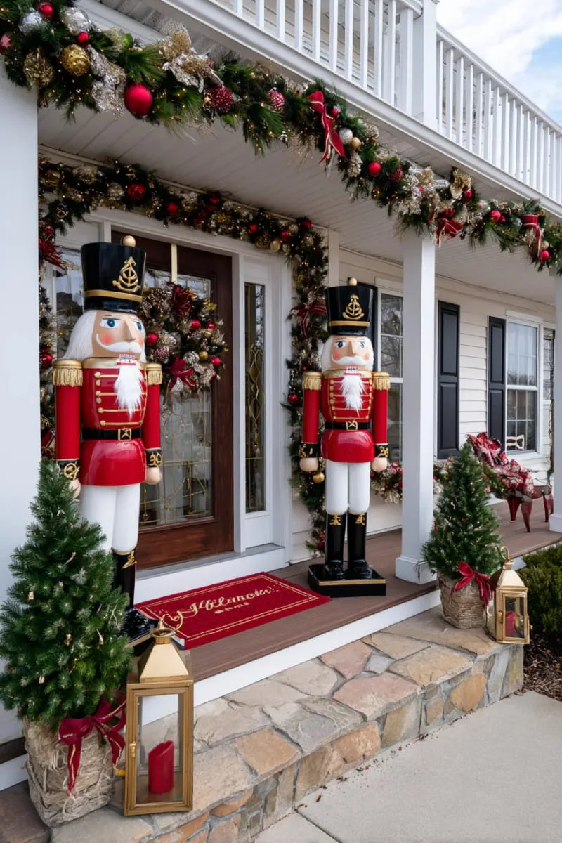red and gold nutcracker soldiers flanking the front door for a whimsical entrance 1