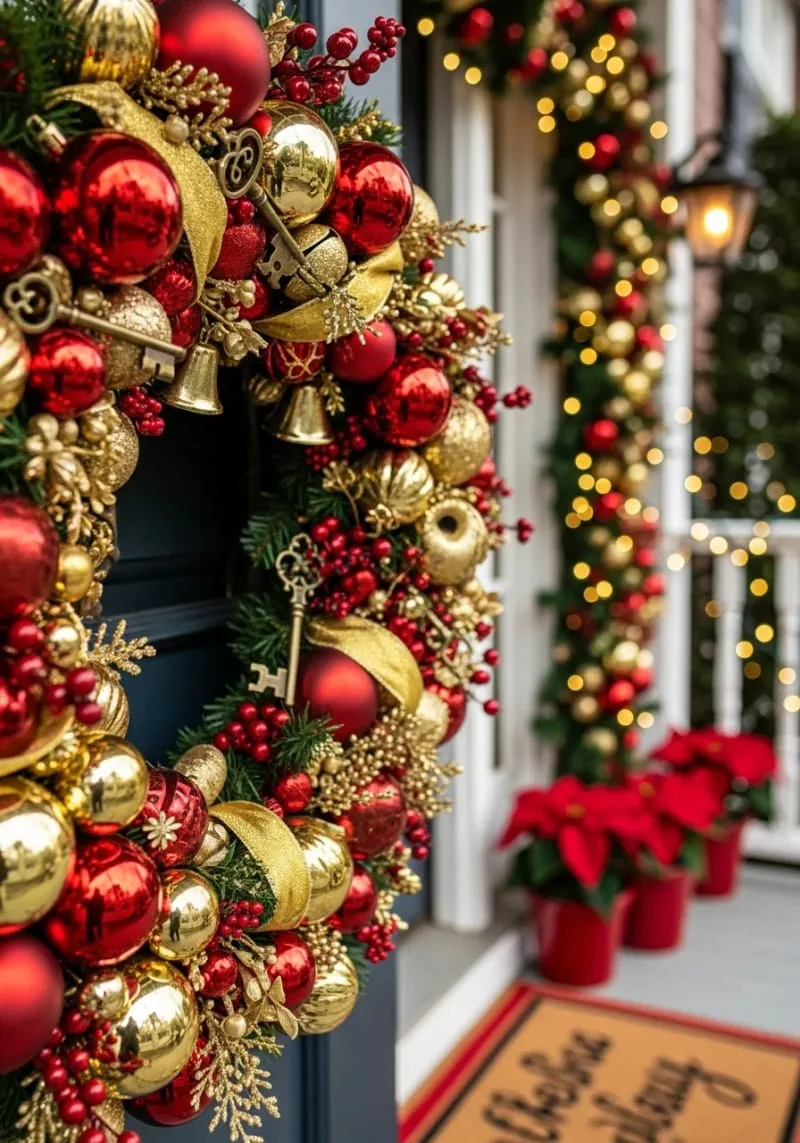 red and gold ornament wreath with vintage keys and tiny bells intertwined 1