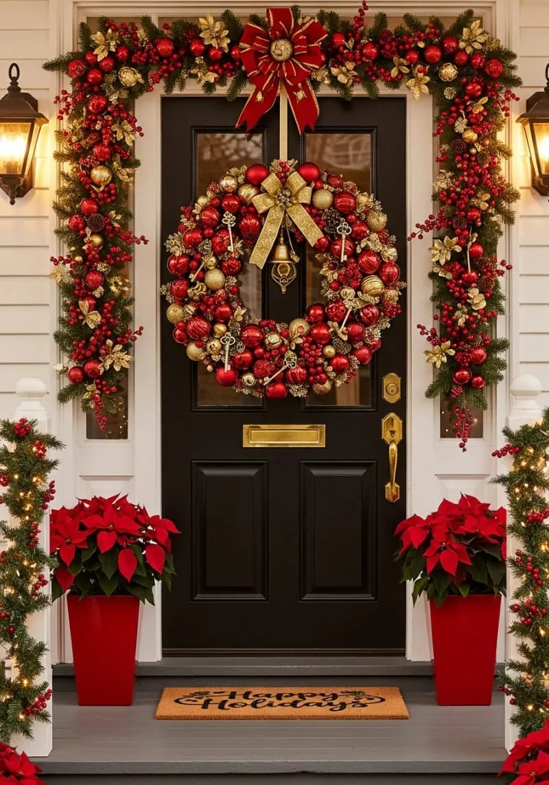 red and gold ornament wreath with vintage keys and tiny bells intertwined 1