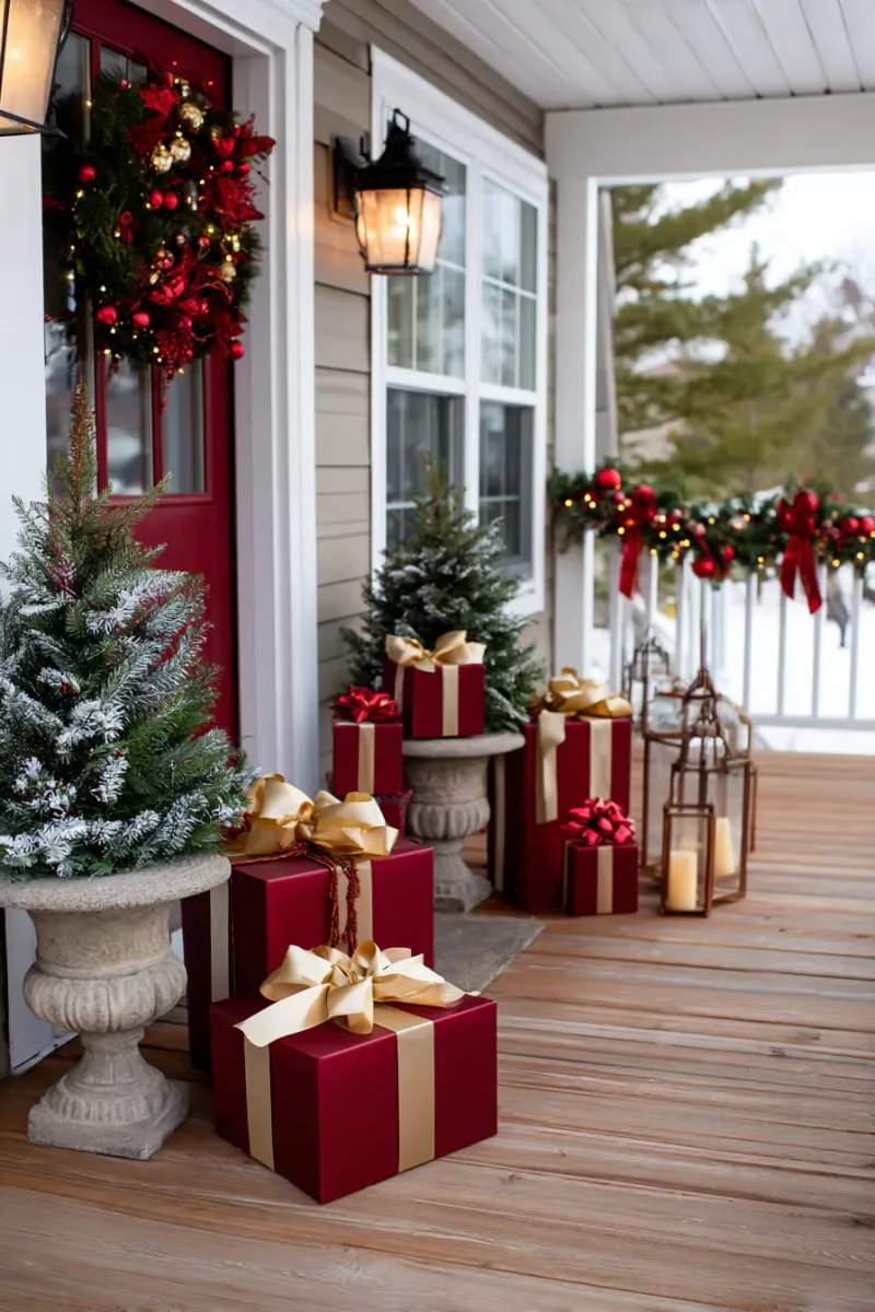 red and gold wrapped gift boxes stacked beside frosted evergreen potted trees 1