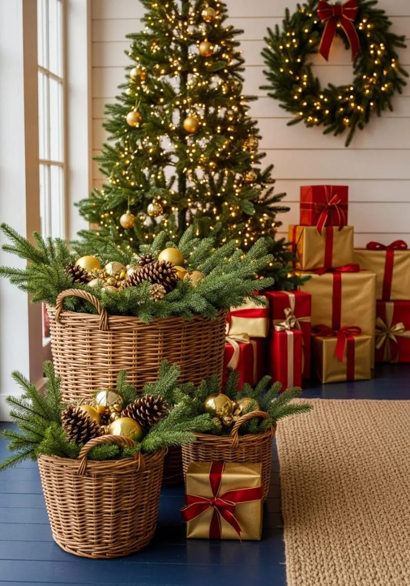 red and gold wrapped gift boxes stacked beside frosted evergreen potted trees 1