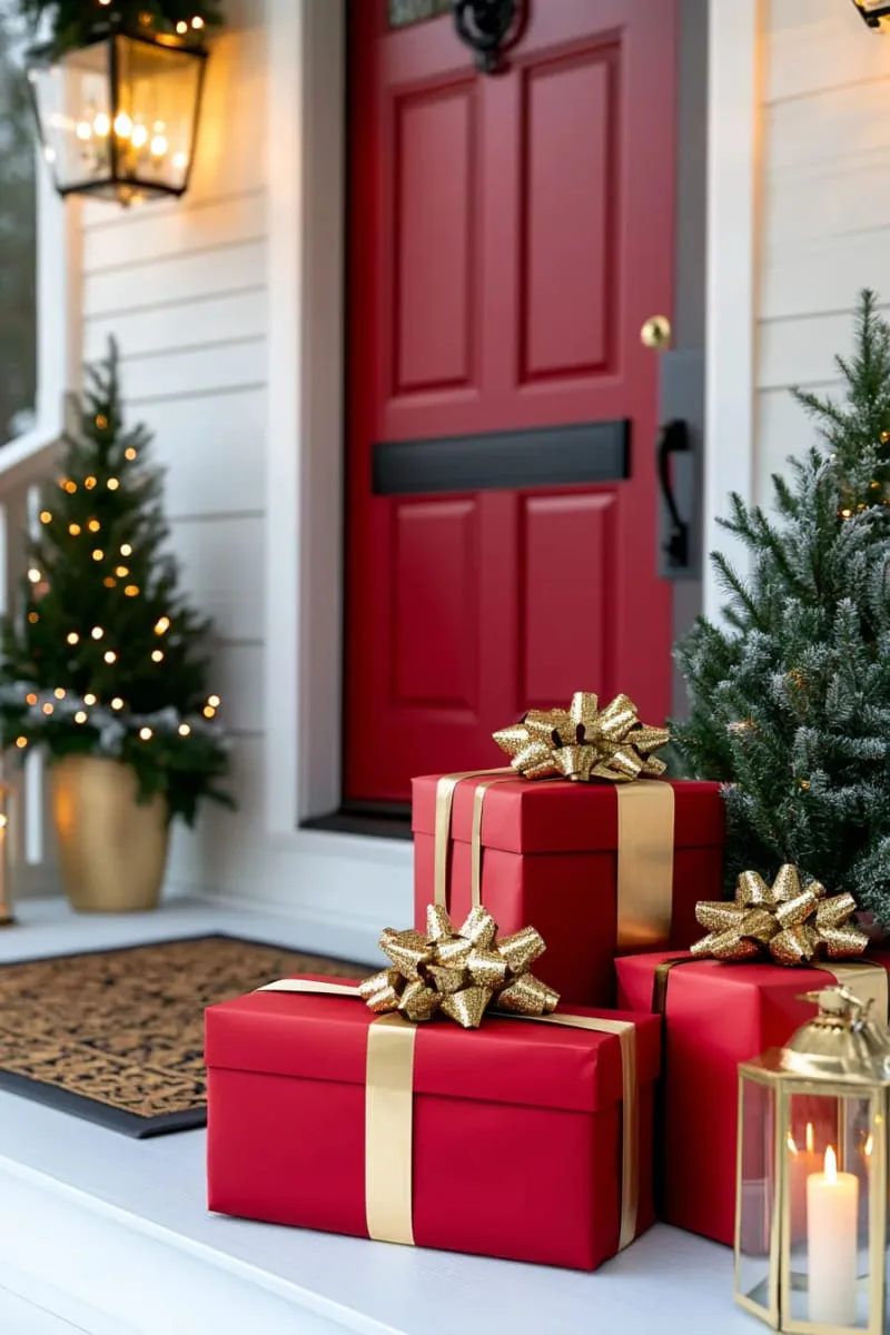 red and gold wrapped gift boxes stacked beside frosted evergreen potted trees 1