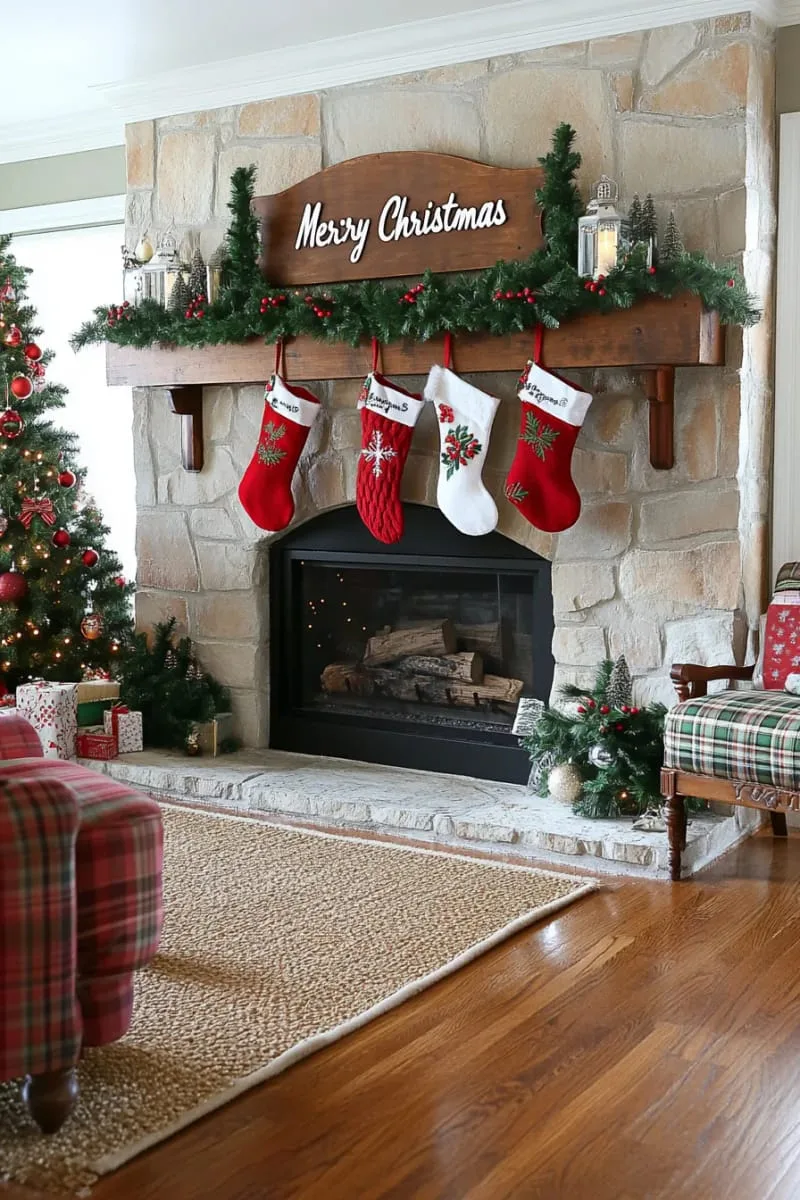 red and green classic stockings beneath a “merry christmas” sign 1
