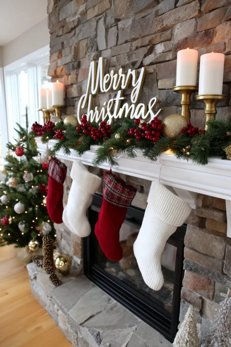 red and green classic stockings beneath a “merry christmas” sign 1