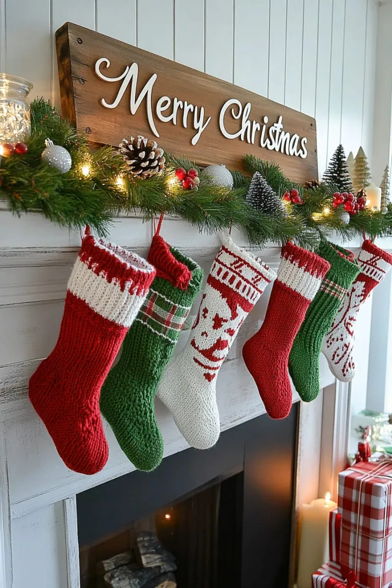 red and green classic stockings beneath a “merry christmas” sign 1