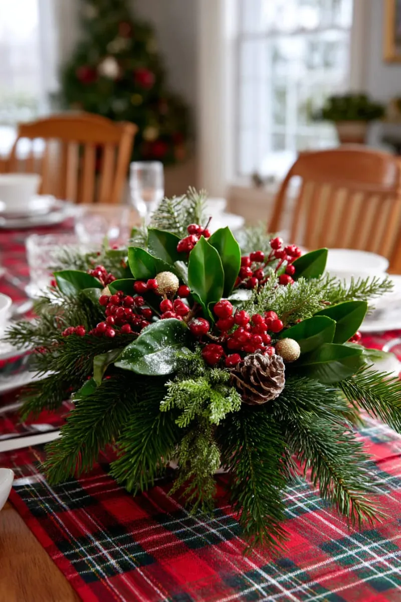25 Traditional Christmas Decor Ideas with a Nostalgic Vintage Touch 58 red and green plaid tablecloth under a centerpiece of fresh evergreens 1