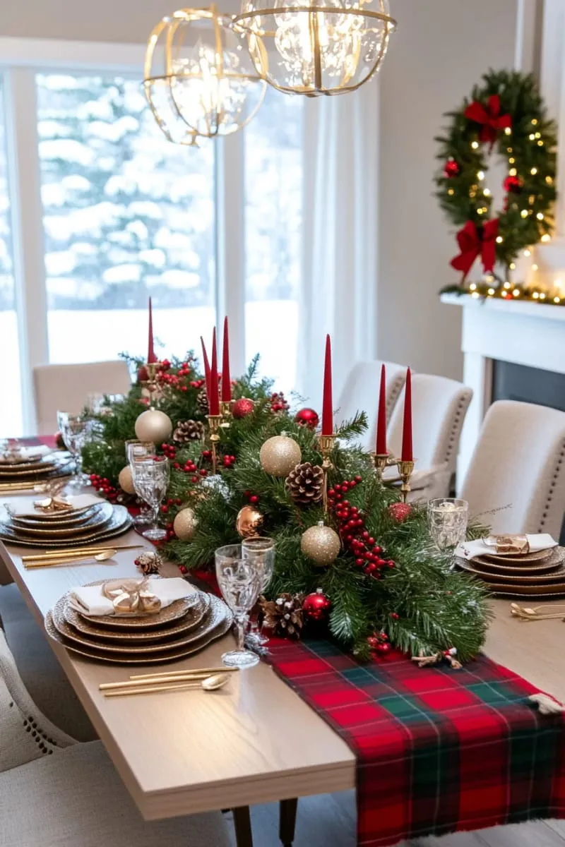 25 Traditional Christmas Decor Ideas with a Nostalgic Vintage Touch 59 red and green plaid tablecloth under a centerpiece of fresh evergreens 1