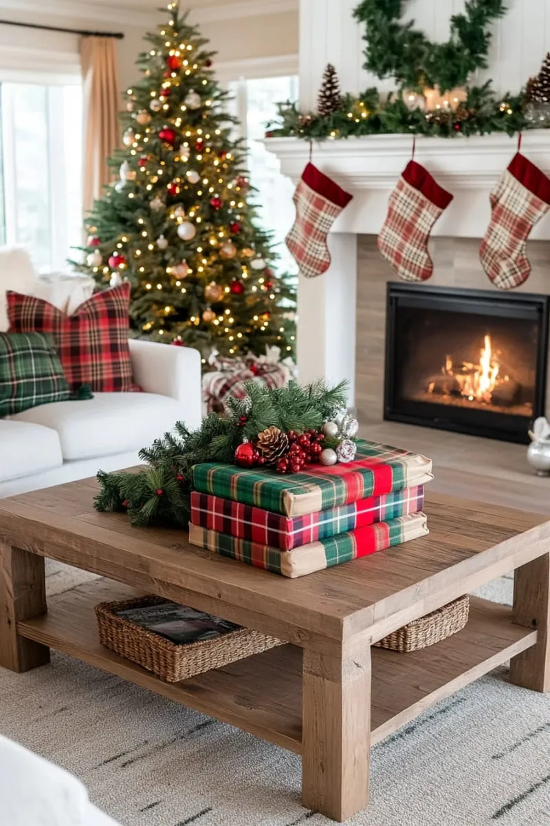 red and green plaid wrapped books stacked on the coffee table 1
